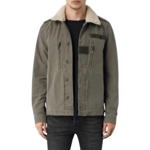 AllSaints Mens Rai Jacket XXS 2XS Green Military Sheepskin Collar Utility Fall - Picture 1 of 12
